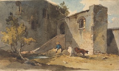 Figura con ganado a la sombra de un edificio de George Chinnery