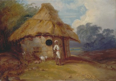 Vista en el sur de la India, con un guerrero fuera de su cabaña de George Chinnery