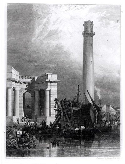 La torre de disparos y el puente de Waterloo, grabado por G. Cooke de George Clarkson (after) Stanfield