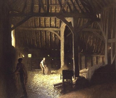 Interior de Granero con Niños Trabajando de George Clausen