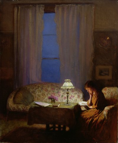 Leyendo a la Luz de la Lámpara (Crepúsculo: Interior) de George Clausen