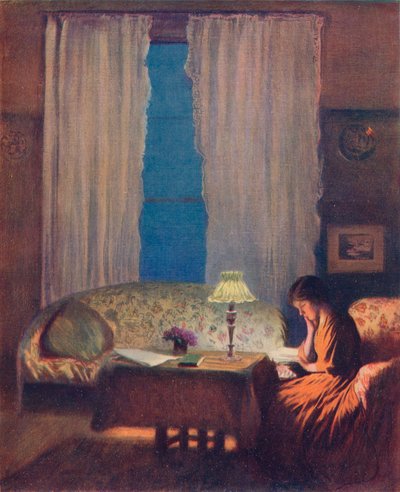 Leyendo a la luz de la lámpara: Interior, 1909 de George Clausen