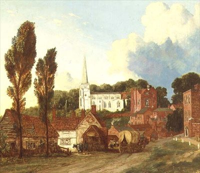 Una vista de Harrow, con la Iglesia de Santa María y el edificio y patio de las Escuelas Viejas de George Clint