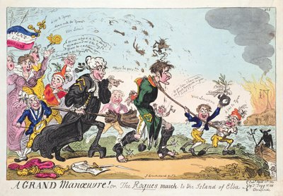 "¡Una gran maniobra! o La marcha de los pícaros a la isla de Elba" de George Cruikshank, publicado el 13 de abril de 1814 de George Cruikshank