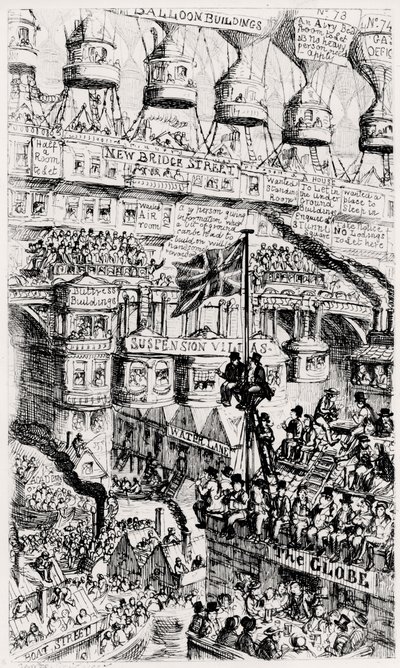 Una visión maltusiana de un Londres superpoblado, Inglaterra, del futuro, según los escritos de Thomas Malthus de George Cruikshank