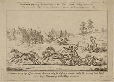 Un campesino llevándose un cañón francés al campamento ruso mientras el enemigo lo había dejado para saquear el pueblo, publicado el 8 de junio de 1813 de George Cruikshank