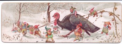 Tarjeta navideña victoriana de un grupo de elfos maliciosos llevando un pavo capturado, c.1895 de George Cruikshank