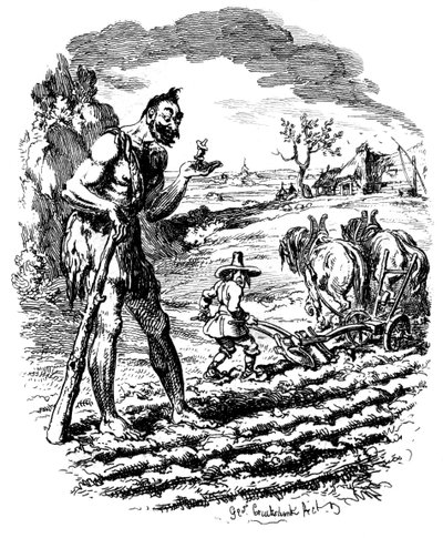 Un gigante se encuentra en un campo mientras un granjero ara, siglo XIX de George Cruikshank