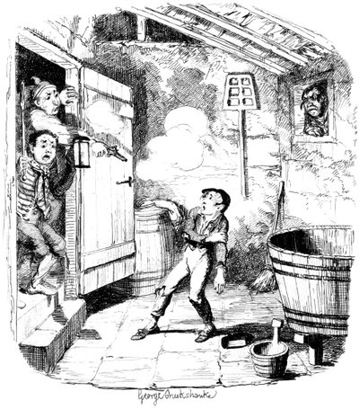 Un hombre dispara a un niño que sospecha de robar, siglo XIX de George Cruikshank