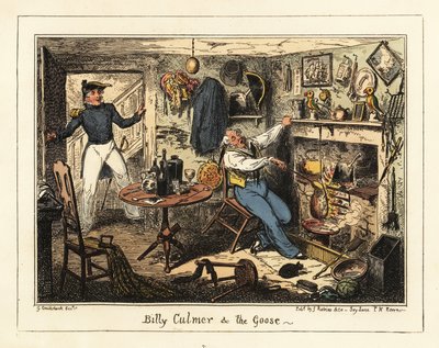 Un teniente de navío convoca a un antiguo guardiamarina a sus funciones,1826 (litografía) de George Cruikshank