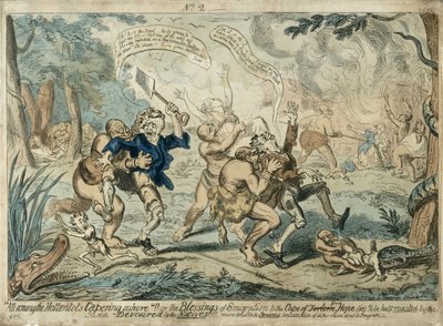 Todos Entre los Hotentotes Saltando a Tierra..., publicado el 7 de septiembre de 1819 de George Cruikshank