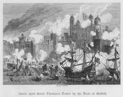 Ataque a la Torre de San Tomás por el Duque de Suffolk (grabado) de George Cruikshank
