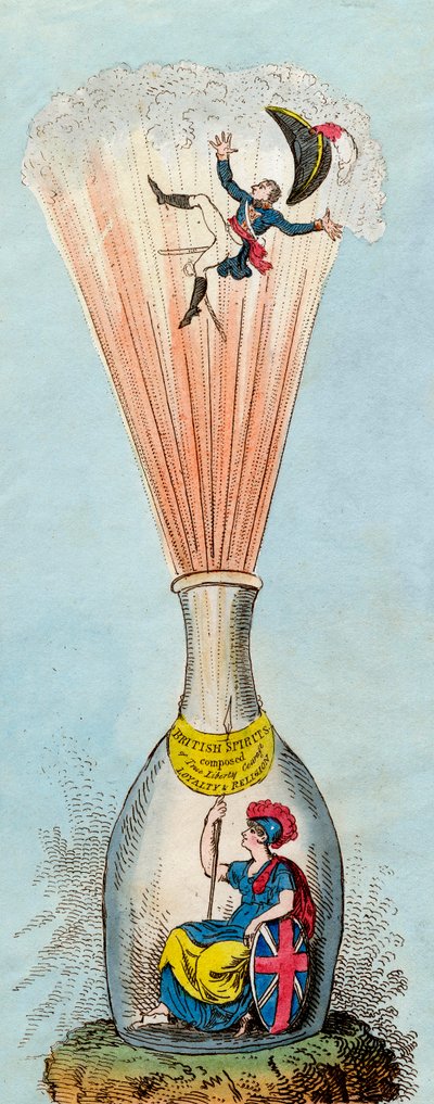 Britannia explotando al Conjurador de Botellas Corso - 1803 - Los satíricos británicos atacaron continuamente la legitimidad del régimen napoleónico - por George Cruikshank de George Cruikshank