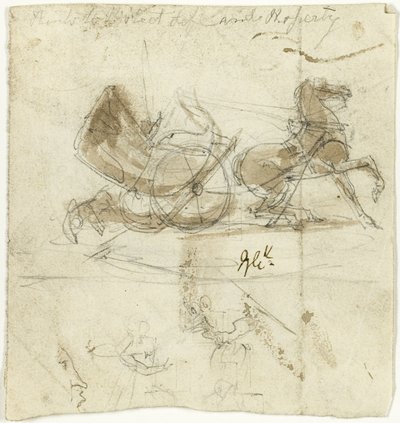 Caricatura de sí mismo (anverso); Cabina tirada por un caballo, con otros bocetos (reverso) de George Cruikshank