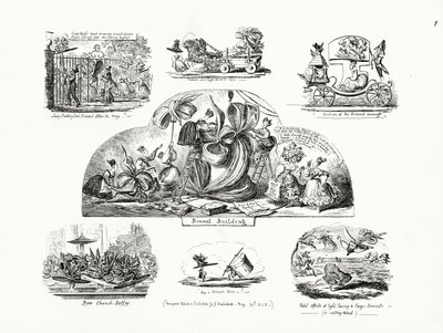 Caricaturas de George Cruikshank sobre el tema de los sombreros de señora desproporcionados de George Cruikshank