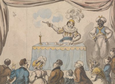 Conjurador con pistola y cartas de George Cruikshank