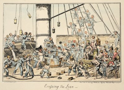 Cruzando la Línea, de Greenwich Hospital, una Serie de Bocetos Navales, Descriptivos de la Vida de un Hombre de Guerra, pub. 1825 de George Cruikshank
