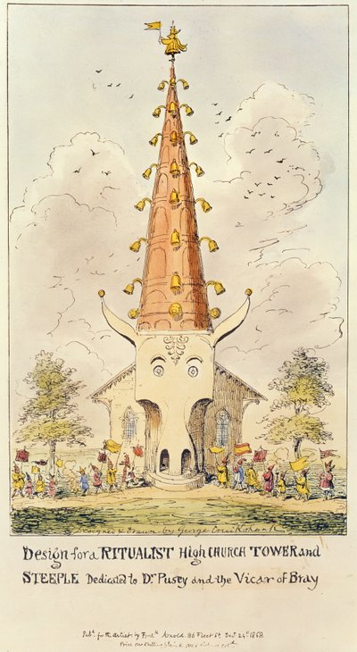 Diseño para una torre y aguja de iglesia ritualista alta, dedicada al Dr. Pusey y al vicario de Bray, 1868 de George Cruikshank