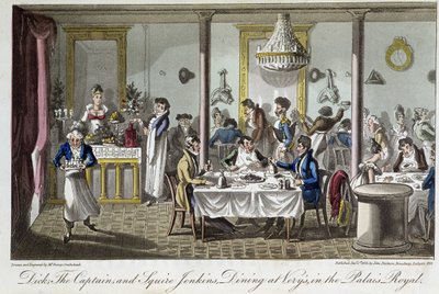 Cena en Very, en el Palais Royal - en "Life in Paris" por David Carey, Londres de George Cruikshank