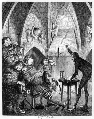 Edward Underhill el predicador ardiente predicando a los gigantes en la Torre de la Puerta, 1840 de George Cruikshank