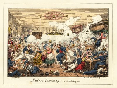 Marineros ingleses bebiendo y bailando en un pub, época napoleónica,1829 (litografía) de George Cruikshank