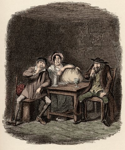 Fagin haciendo negocios con Morris Bolter, alias Noe Claypole, y Charlotte - El judío y Morris Bolter comienzan a entenderse - Ilustración para "Oliver Twist" (Las aventuras de Oliver Twist) de Charles Dickens (1812-1870), por George de George Cruikshank
