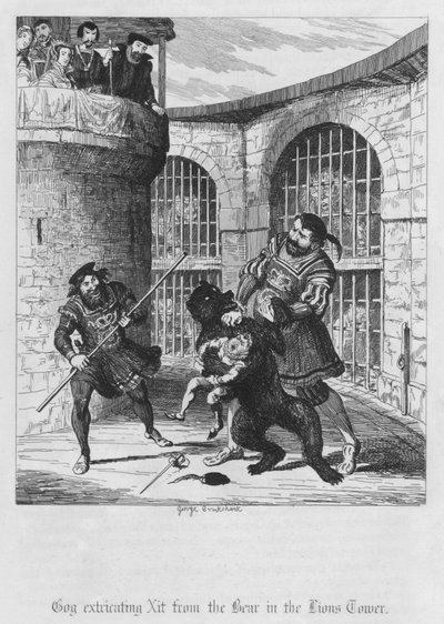 Gog extrayendo a Xit del oso en la Torre de los Leones de George Cruikshank