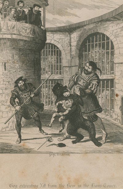 Gog extrayendo a Xit del oso en la Torre de los Leones de George Cruikshank