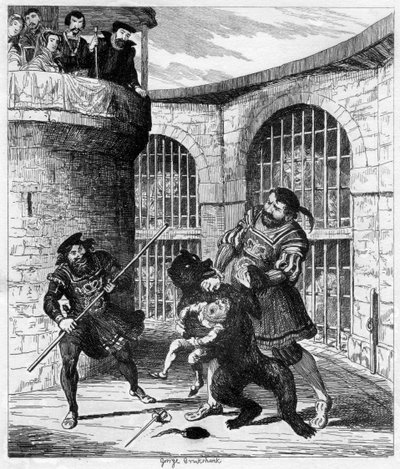 Gog extrayendo a Xit del oso en la Torre de los Leones, 1840 de George Cruikshank