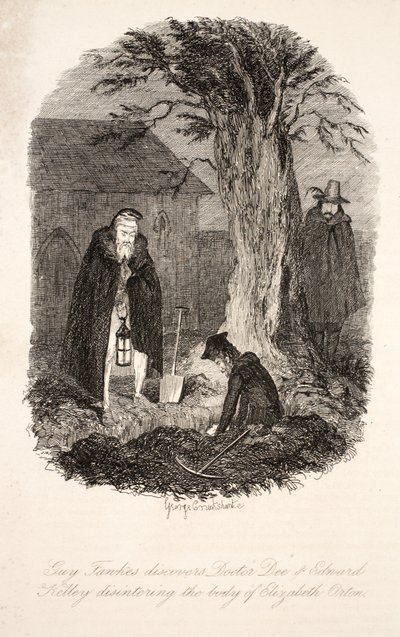 Guy Fawkes descubre al Doctor Dee y Edward Kelley desenterrando el cuerpo de Elizabeth Orton, ilustración de Guy Fawkes, o la Traición de la Pólvora: una Novela Histórica, por William Harrison Ainsworth de George Cruikshank