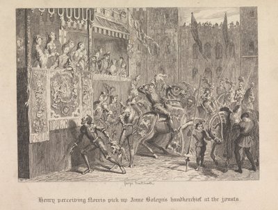 Enrique percibe que Norris recoge el pañuelo de Ana Bolena en las justas de George Cruikshank