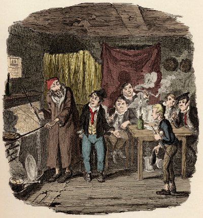 Jack Dawkins presenta a Oliver a Fagin y su equipo - Ilustración para "Oliver Twist" de Charles Dickens de George Cruikshank