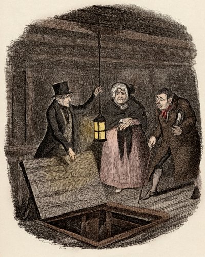 En presencia de Monsieur Bumble y Madame Corney, Monks desaparece el medallón de Oliver Twist - La evidencia destruida - Ilustración para “Oliver Twist” (Las aventuras de Oliver Twist) de Charles Dickens, por George Cruikshank. de George Cruikshank