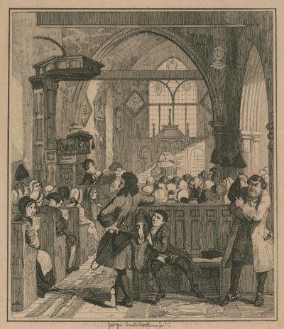 Jack Sheppard cometiendo el robo en la iglesia de Willesden de George Cruikshank