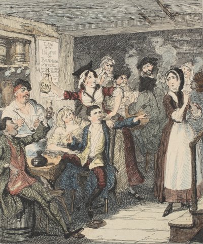 Jack Sheppard se emborracha y echa a su madre, ilustración de Jack Sheppard: Una Novela de William Harrison Ainsworth, publicada 1839 de George Cruikshank