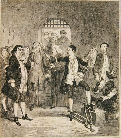 Las cadenas de Jack Sheppard quitadas en el Salón de Piedra en Newgate, ilustración de 