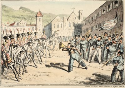 La trompeta de desafío de Jack, de Greenwich Hospital, una serie de bocetos navales, descriptivos de la vida de un hombre de guerra, pub. 1826 (grabado coloreado a mano) de George Cruikshank