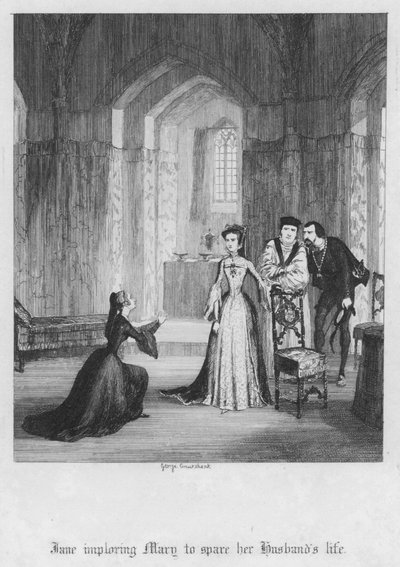 Jane implorando a María que perdone la vida de su esposo (grabado) de George Cruikshank