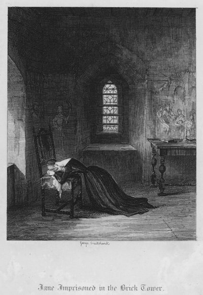 Jane encarcelada en la Torre de Ladrillo de George Cruikshank