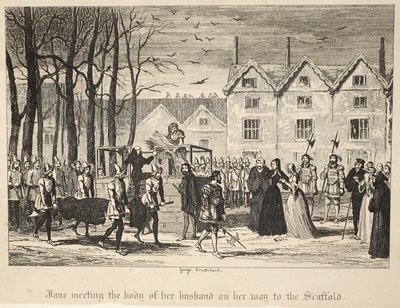 Jane encontrando el cuerpo de su esposo camino al cadalso, de La Torre de Londres, pub. 1840 de George Cruikshank