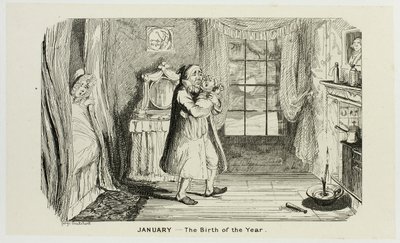 Enero - El nacimiento del año a partir de los grabados en acero de George Cruikshank para The Comic Almanacks: 1835-1853 de George Cruikshank