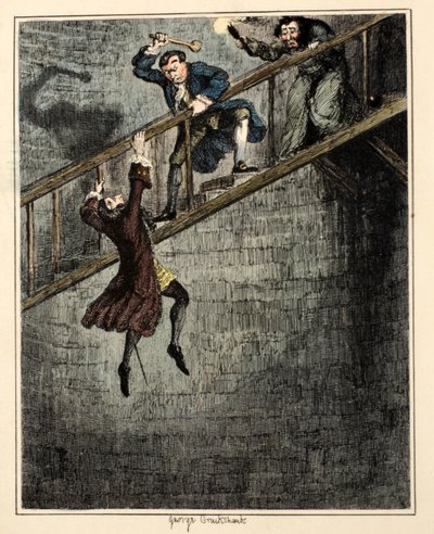 Jonathan Wild arrojando a Sir Rowland Trenchard al pozo, ilustración de "Jack Sheppard: A Romance