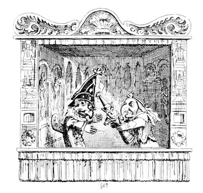 Judy insta al Sr. Punch a llevarse al niño de George Cruikshank