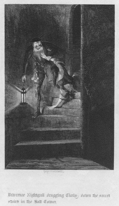 Lawrence Nightgall arrastrando a Cicely por las escaleras secretas en la Torre de la Sal (grabado) de George Cruikshank