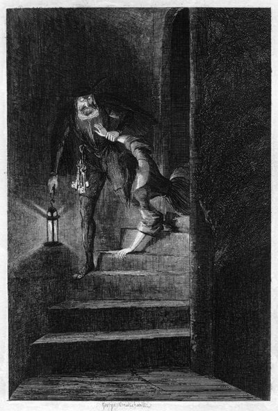 Lawrence Nightgall arrastrando a Cicely por las escaleras secretas en la Torre de Sal, 1840 de George Cruikshank