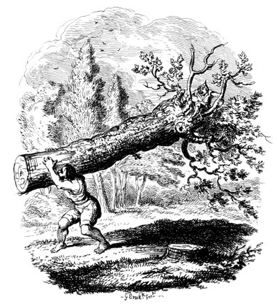 Hombre cargando un gran tronco de árbol en su hombro de George Cruikshank