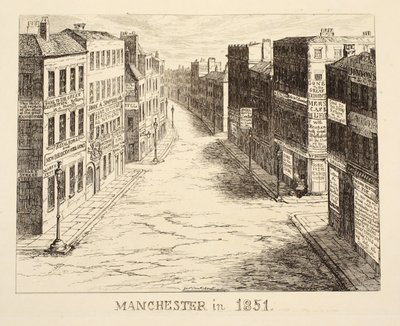 Mánchester en 1851, de 1851 o Las aventuras del Sr. y la Sra. Sandboys y su familia que vinieron a Londres para divertirse y ver la Gran Exposición, pub. 1851 de George Cruikshank