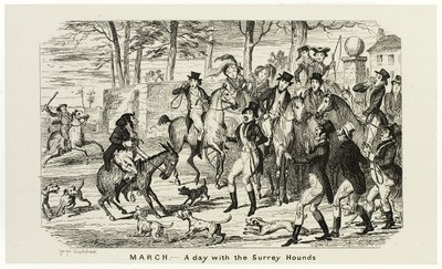 Marzo - Un día con los sabuesos de Surrey en los grabados en acero de George Cruikshank para The Comic Almanacks: 1835-1853 de George Cruikshank