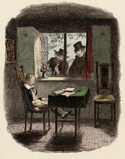 Monks y Fagin observando a Oliver durmiendo en la biblioteca Maylie - Monks y el judío - Ilustración para “Oliver Twist” (Las aventuras de Oliver Twist) de Charles Dickens, por George Cruikshank. de George Cruikshank