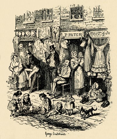 Calle Monmouth, Soho, una ilustración de G. Cruikshank para Sketches by Boz de Dickens de George Cruikshank